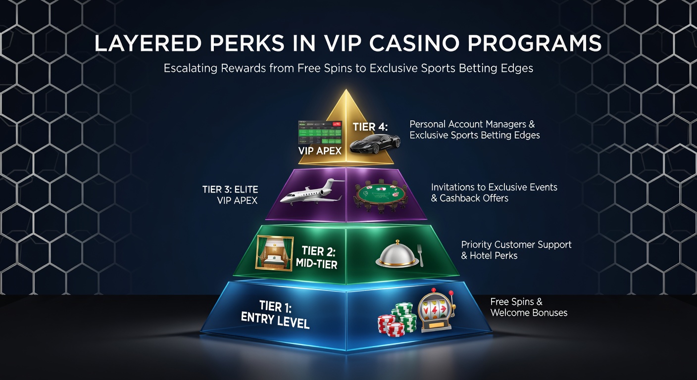 Grafik mit gestuften VIP-Leveln in einem Online-Casino, die von Bronze bis Diamond reichen und Belohnungen wie Free Spins und Sportwetten-Boosts zeigen